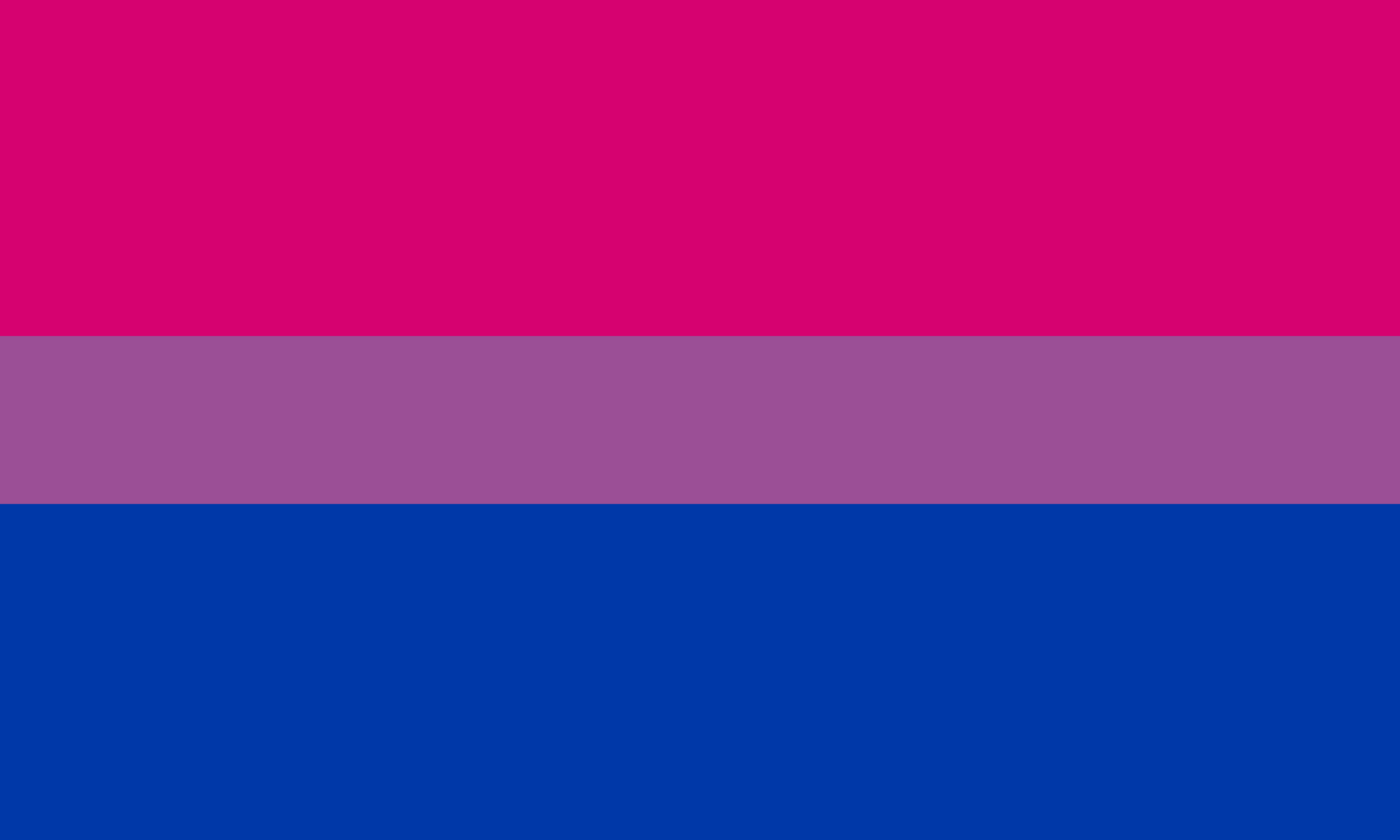 A flag representing Bisexual people. The flag is split into 3 parts--the top third is pink to represent homosexuality, and the bottom third is blue to represent heterosexuality. The smaller, middle third is purple, representing being both heterosexual and homosexual.
